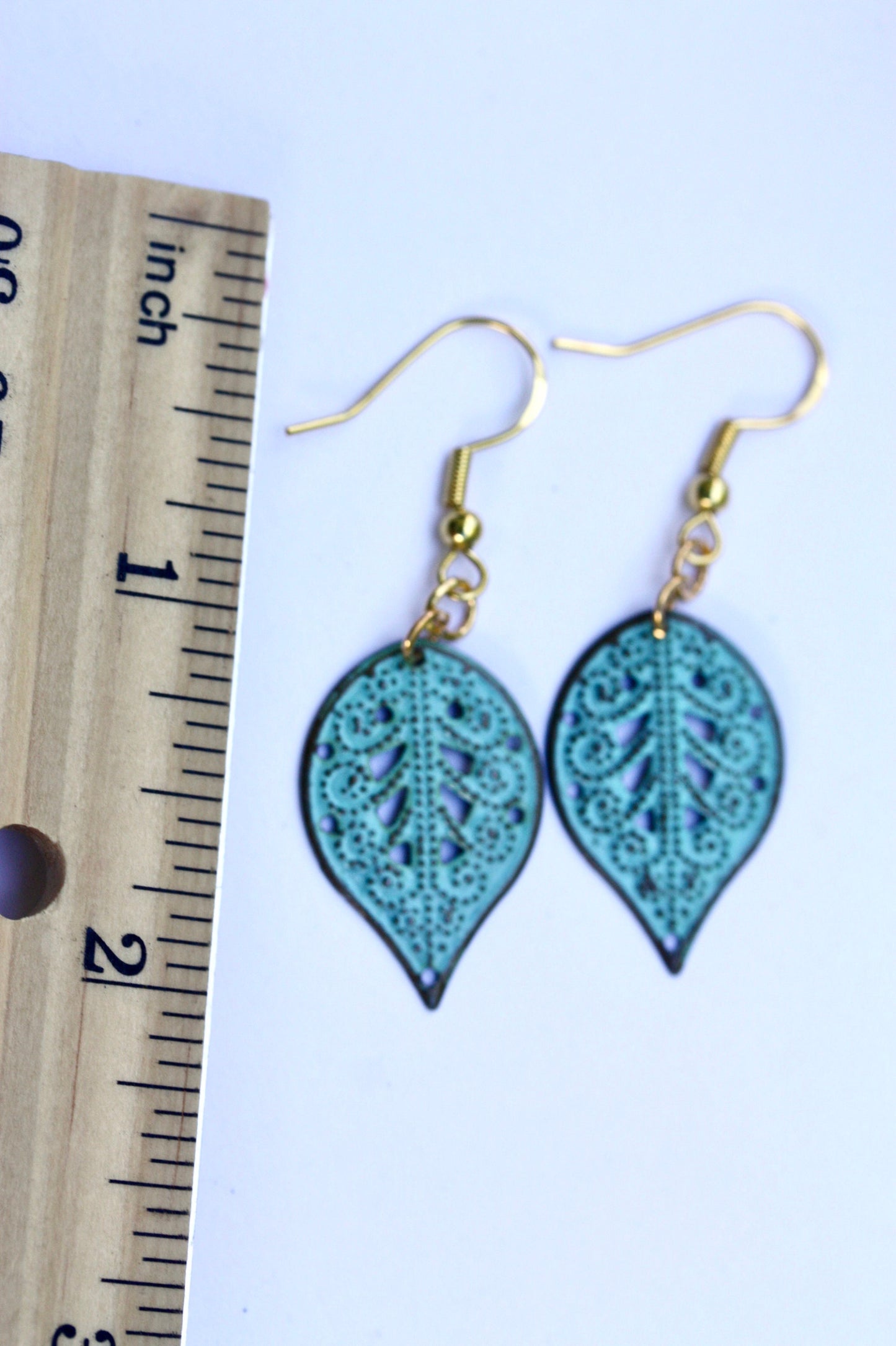 Turquoise patina upcycled dangle leaf earrings