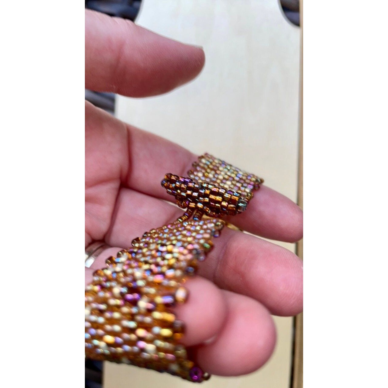 Stunning gold iridescent handmade beadwoven vintage beadwork bracelet with hand beaded toggle closure