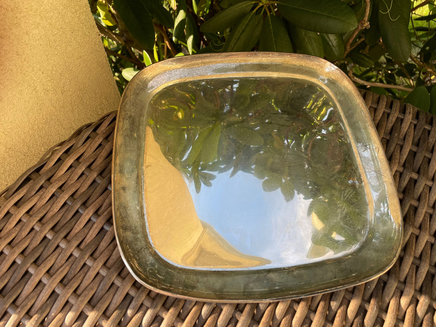 Vintage etched blown glass domed lid on silver square Cheese/Dessert dish