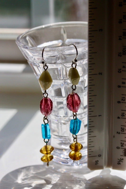 Handmade dangle earrings made of colorful recovered vintage glass