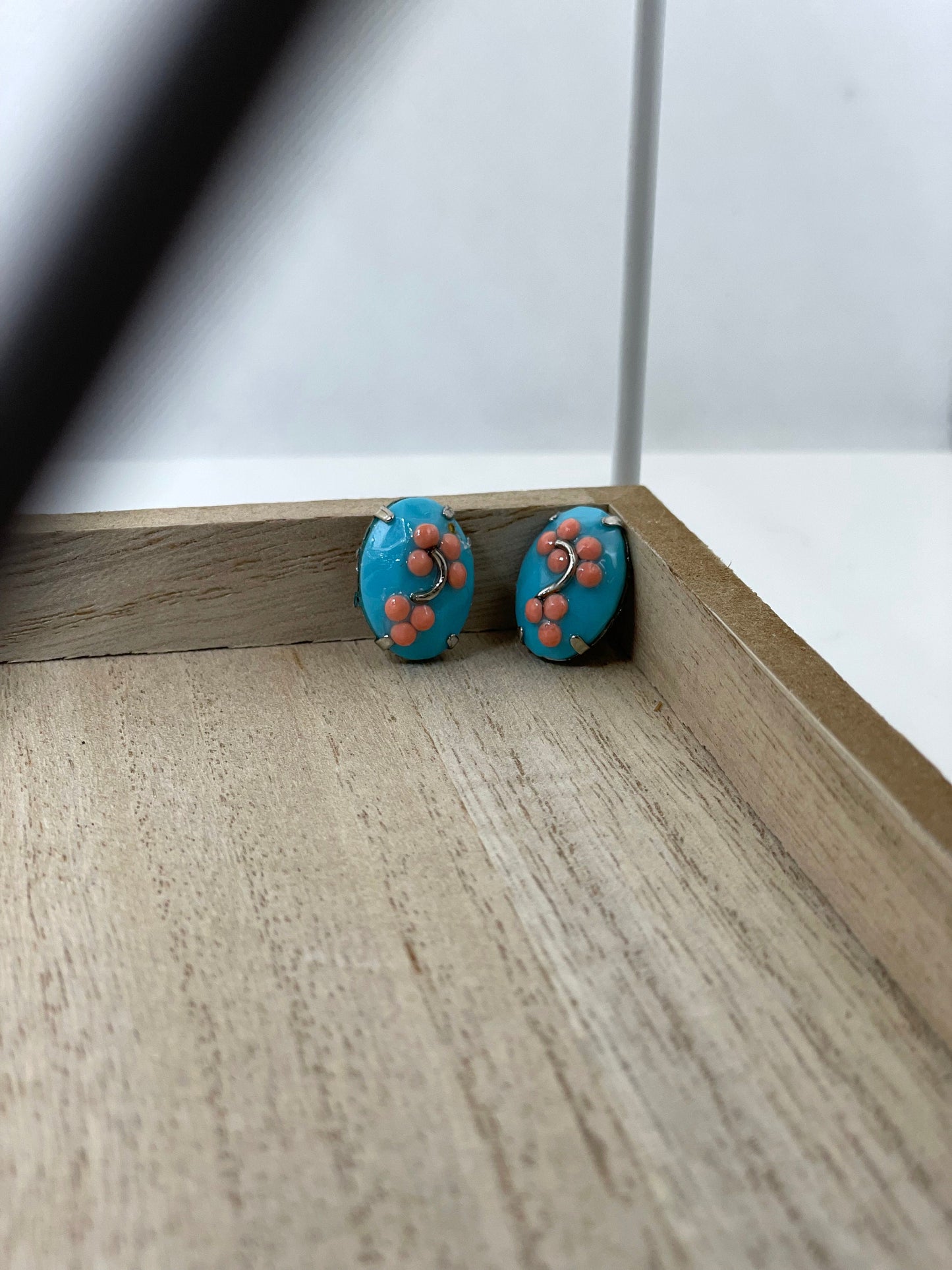 Asian inspired blue and peach floral handmade stud earrings with sterling silver ear wires