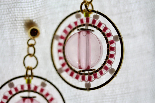Pink and white intricate beadwork small circular dangle earrings