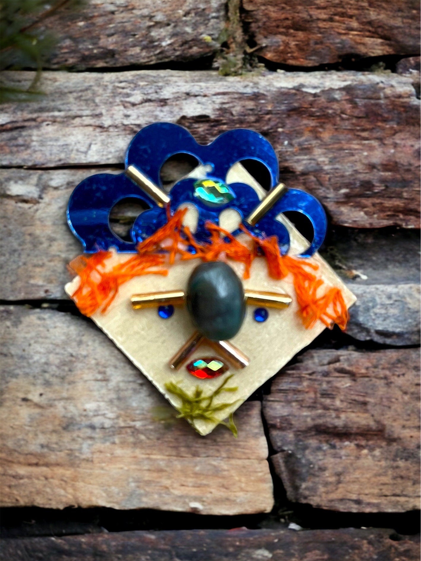 Meet "Sheeran" - Assemblage art / mixed media collage - magnet, pin, necklace pendant or hair pin