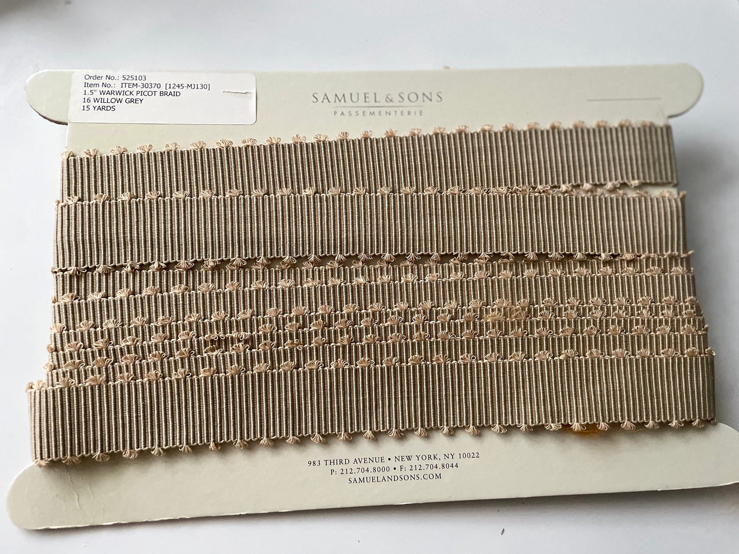 Vintage Samuel and Sons Passementerie Trim - 1.5 inch Warwick Picot Braid in Willow Grey - price per yard