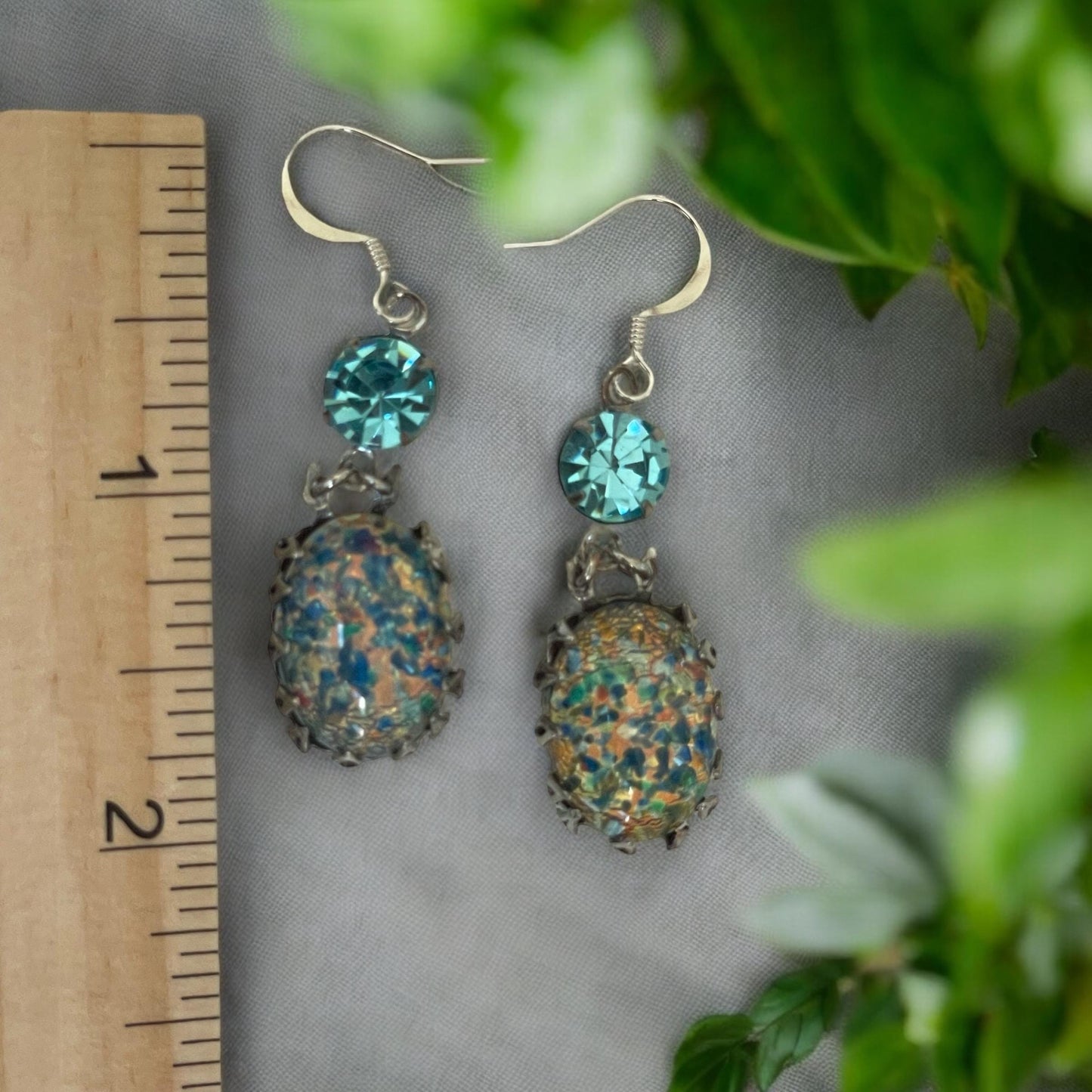 Blue opal? dangle earrings with turquoise rhinestones - please read description