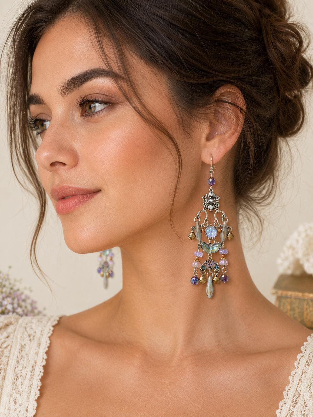 ONE OF A KIND Wearable Art Chandelier Earrings | Czech Glass, Vintage Rhinestones, Silk & Mixed Metal Statement Earrings