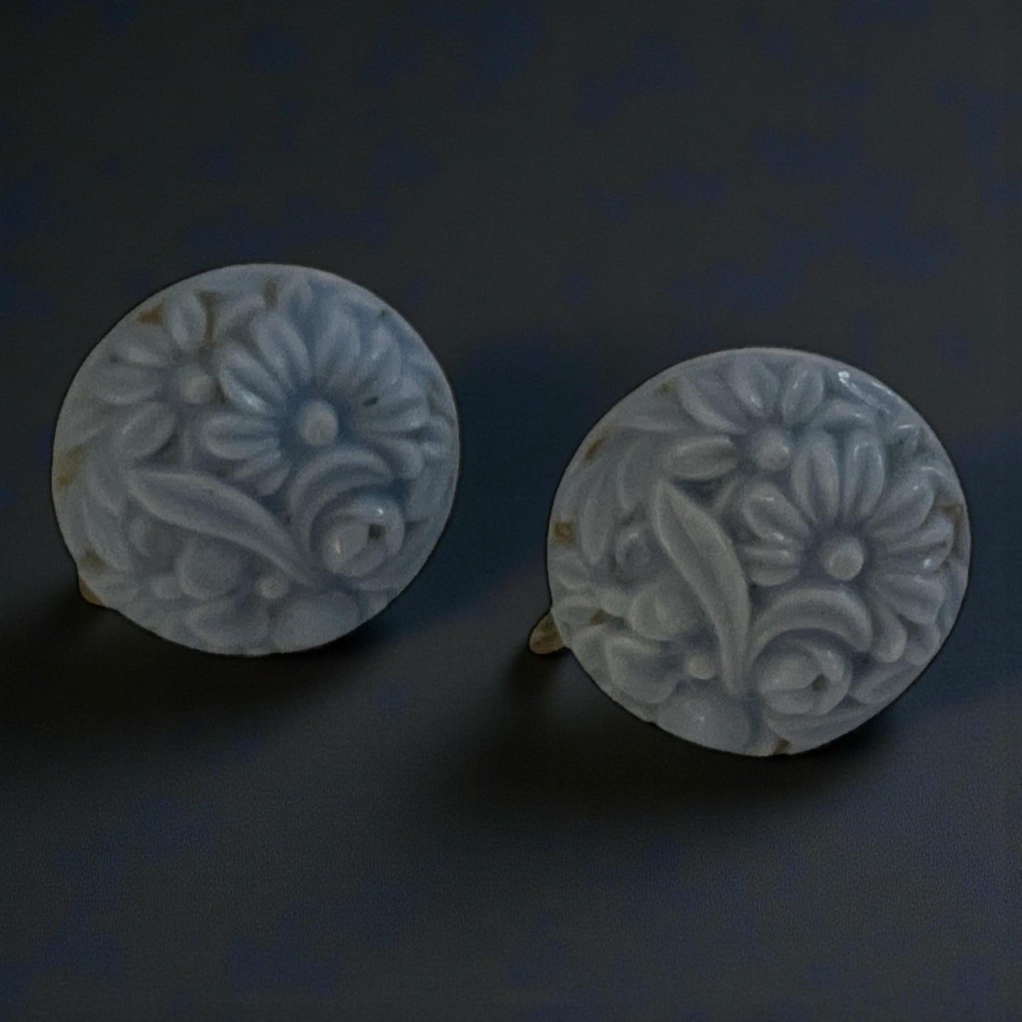 Vintage Blue Floral Screwback Earrings | Carved Lucite Clip On Earrings | Retro Flower Costume Jewelry