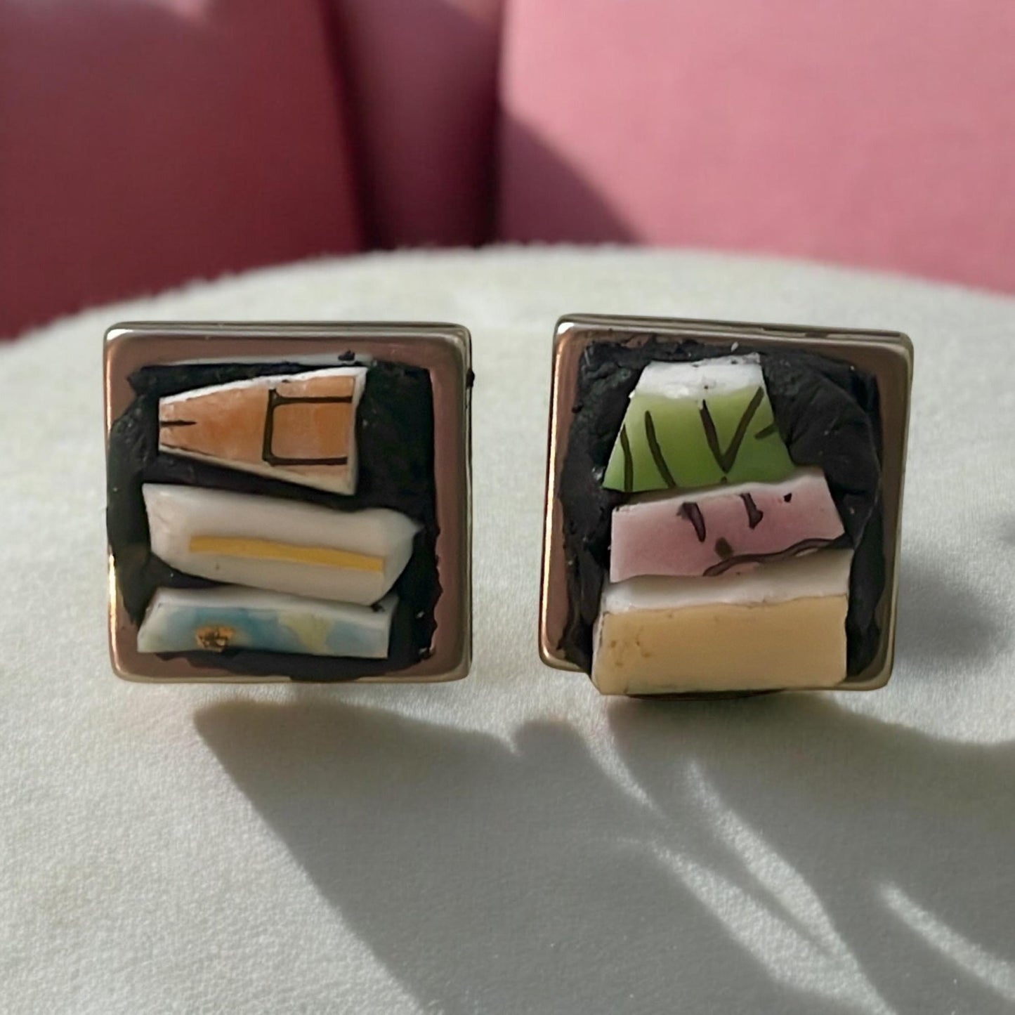 Handmade Mosaic Square Stud Earrings - Vintage Dish Abstract Design