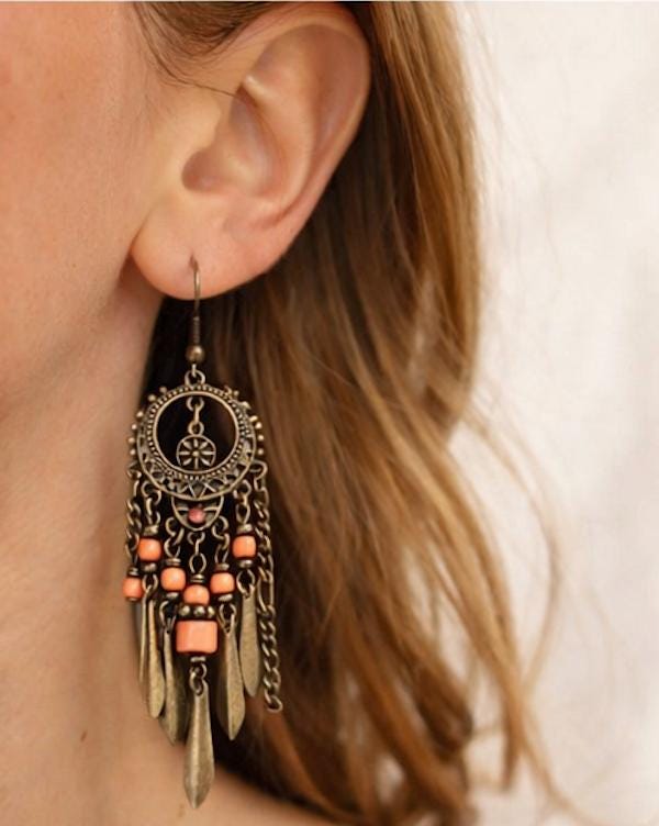 Boho Chandelier Earrings • Coral Bead Dangle Earrings • Faux Antique Brass • Bohemian Statement Earrings • Long Drop Earrings 3.25" long