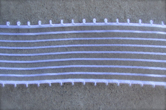 Vintage white striped ribbon/lace/trim sheer with satin stripes… 1 and one-half inches wide - by the yard