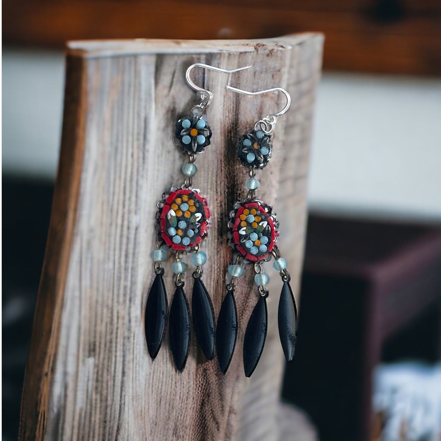 My own handmade Italian style hand cut micro mosaic millefiori glass dangle earrings