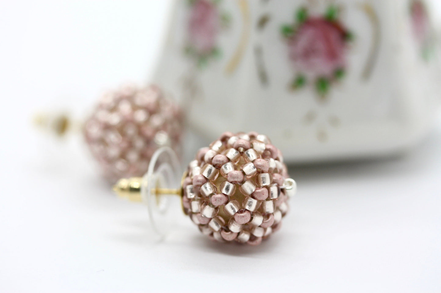 Handmade beaded bead stud earrings - approx. 3/4 of an inch - pink, wedding earrings, summer earrings