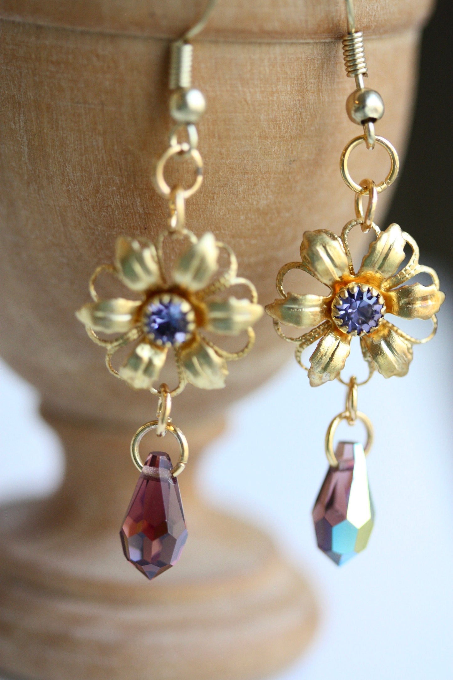 Handmade earrings - made up of vintage & new components - gold flowers with purple rhinestones and crystal dangles
