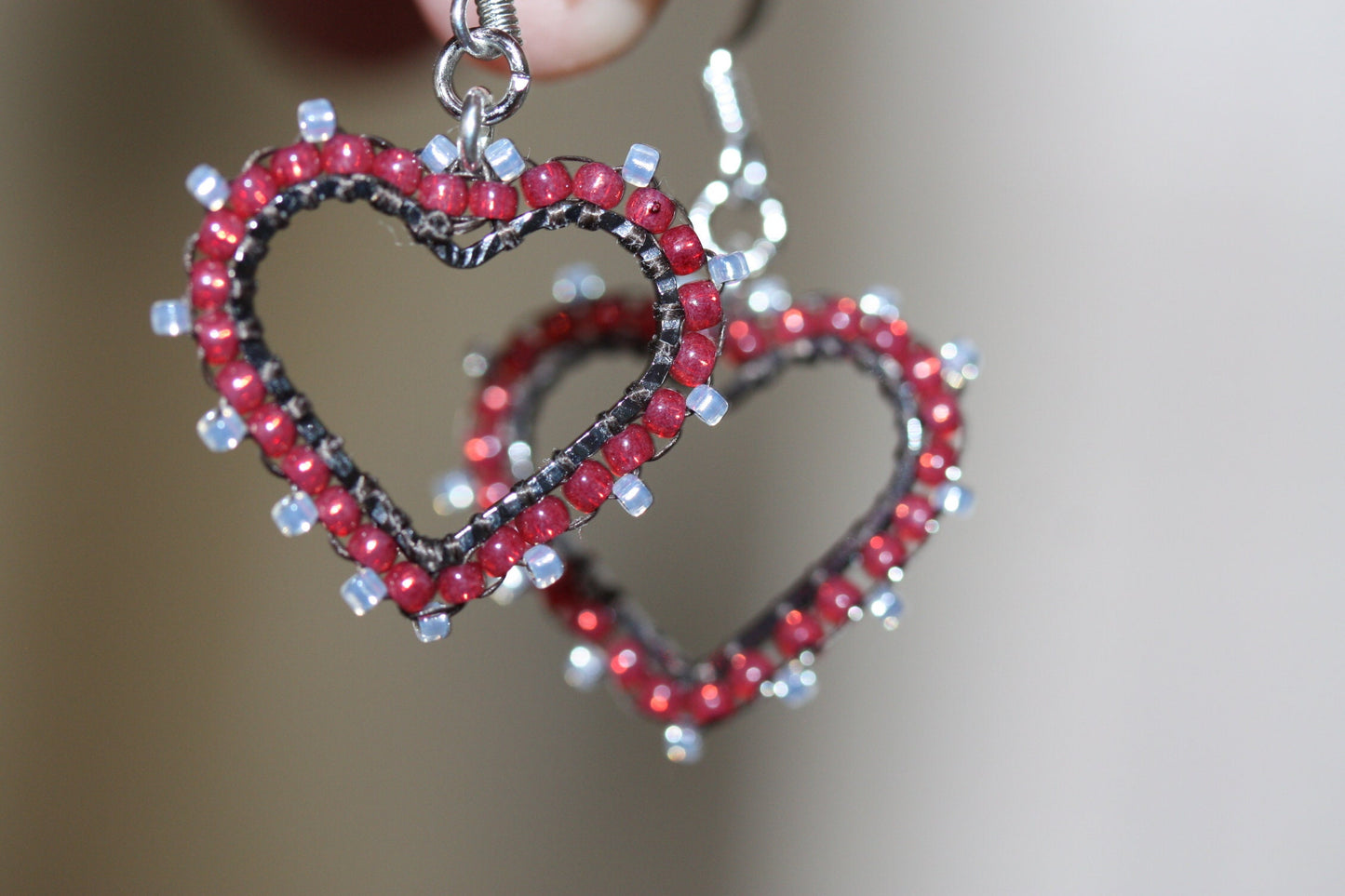 Small intricately beaded heart dangle earrings - original beadwork