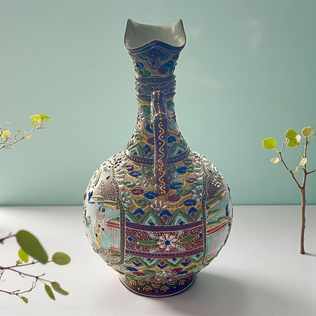 Antique Japanese Satsuma Moriage Pitcher | Hand Painted Figural Ewer Vase | Raised Enamel Gold Gilt | Meiji Style Art Pottery