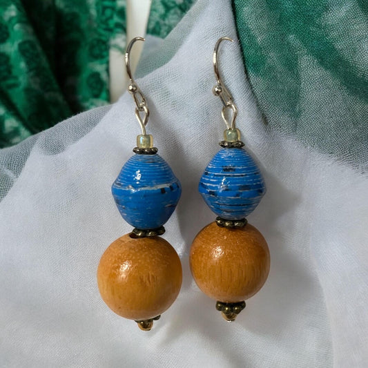 Rolled blue paper and tan wood beads handmade dangle earrings with vintage, upcycled and new elements