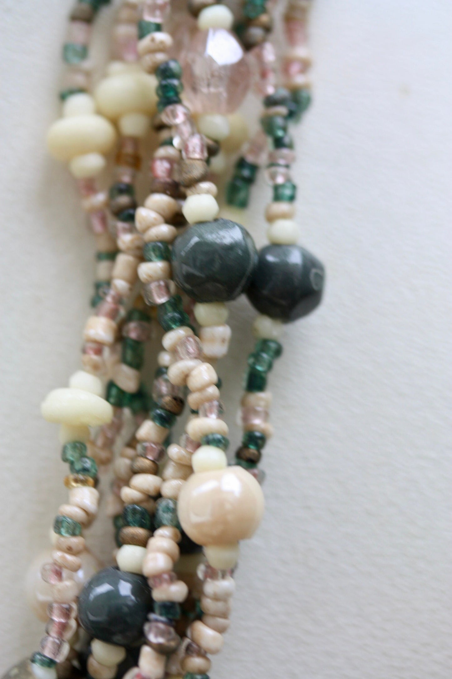 Stunning mixed material -  shades of pink, green and cream multi strand vintage necklace with adjustable hoops