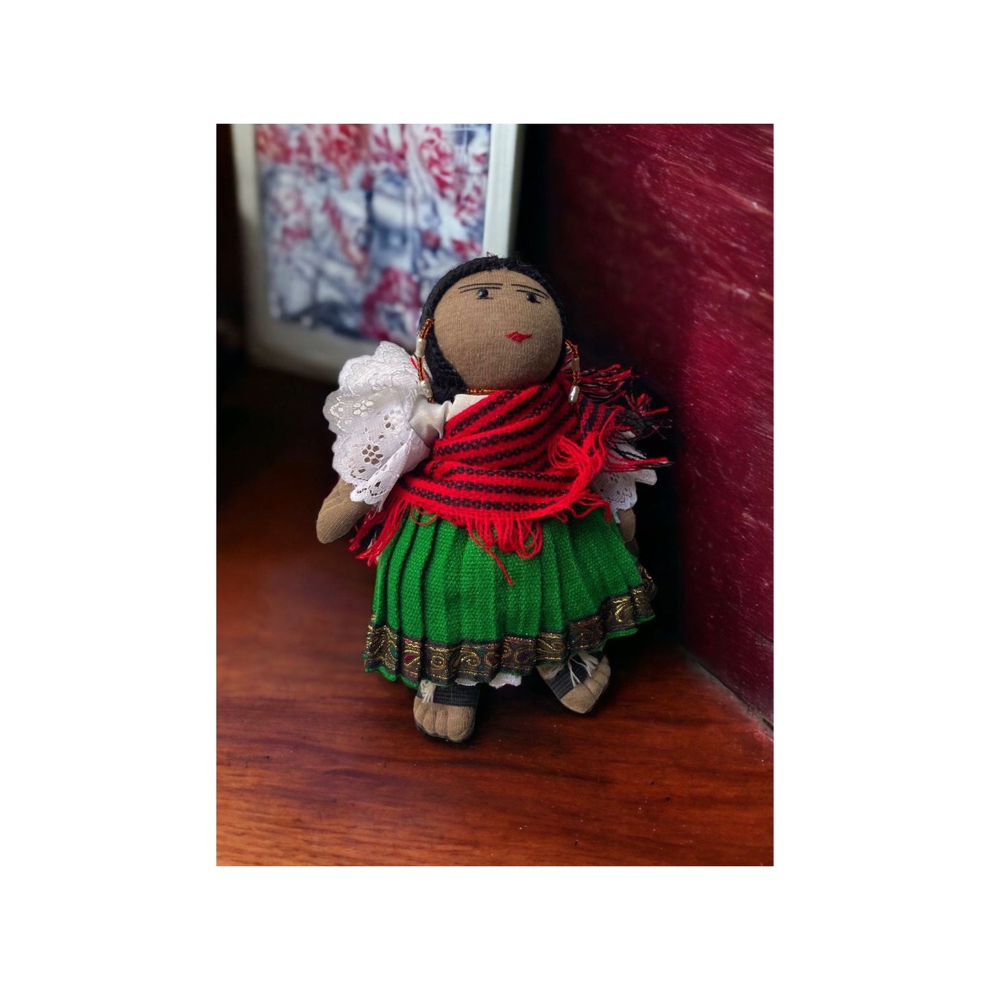 Stunning vintage Mexican? girl doll with braids, sandals and traditional clothing