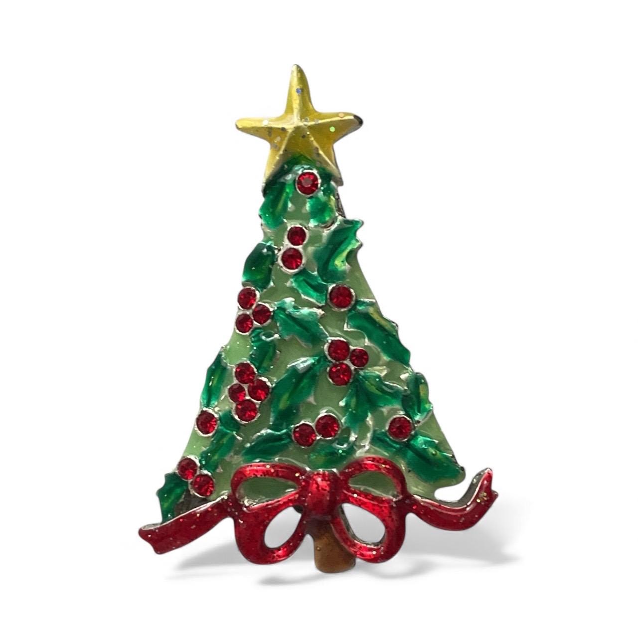 AJMC Christmas Tree Pin • Vintage Enamel Holiday Brooch with Red Rhinestones & Star Topper