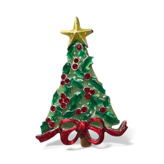 AJMC Christmas Tree Pin • Vintage Enamel Holiday Brooch with Red Rhinestones & Star Topper