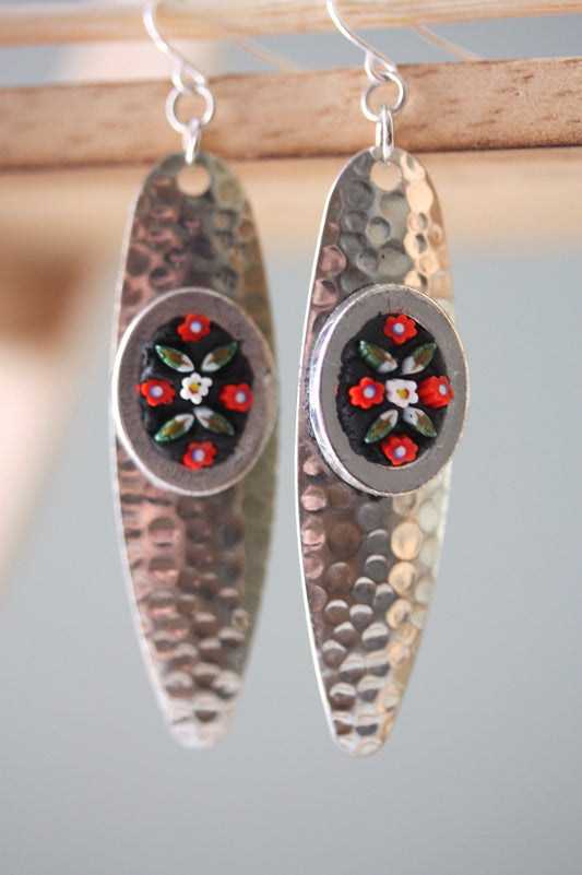 My handmade inlaid micro-mosaic on upcycled vintage hammered metal earrings - with sterling silver ear wires