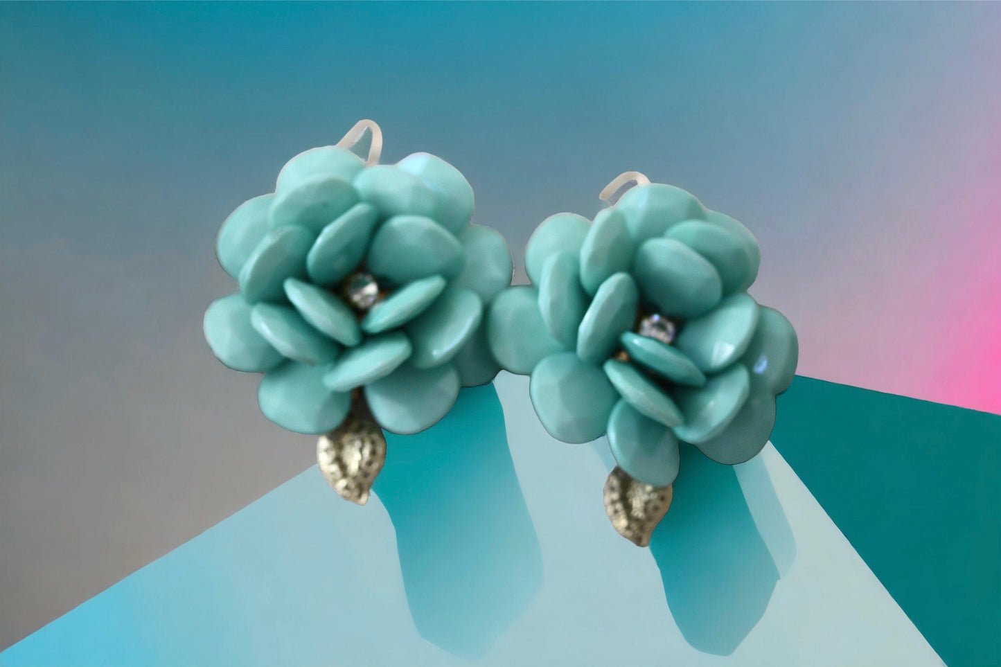 Fun large beaded turquoise flower earrings with goldtone dangle leaves - upcycled, statement earrings