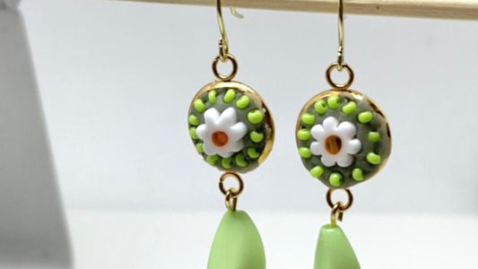 Mosaic inlaid glass daisies with green seed beads and dangle