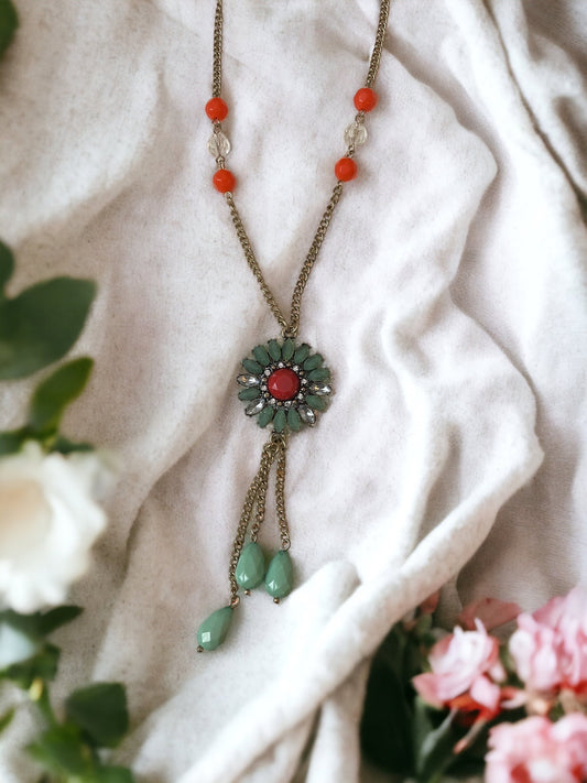 Pretty vintage necklace - turquoise and orange mandela style focal with dangles