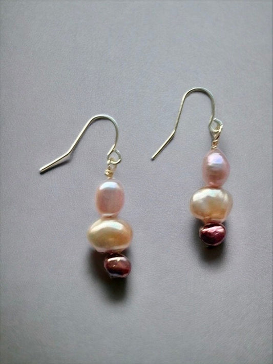 Handmade dangle earrings - with three colors of freshwater pearls - light pink, light cream and bronze