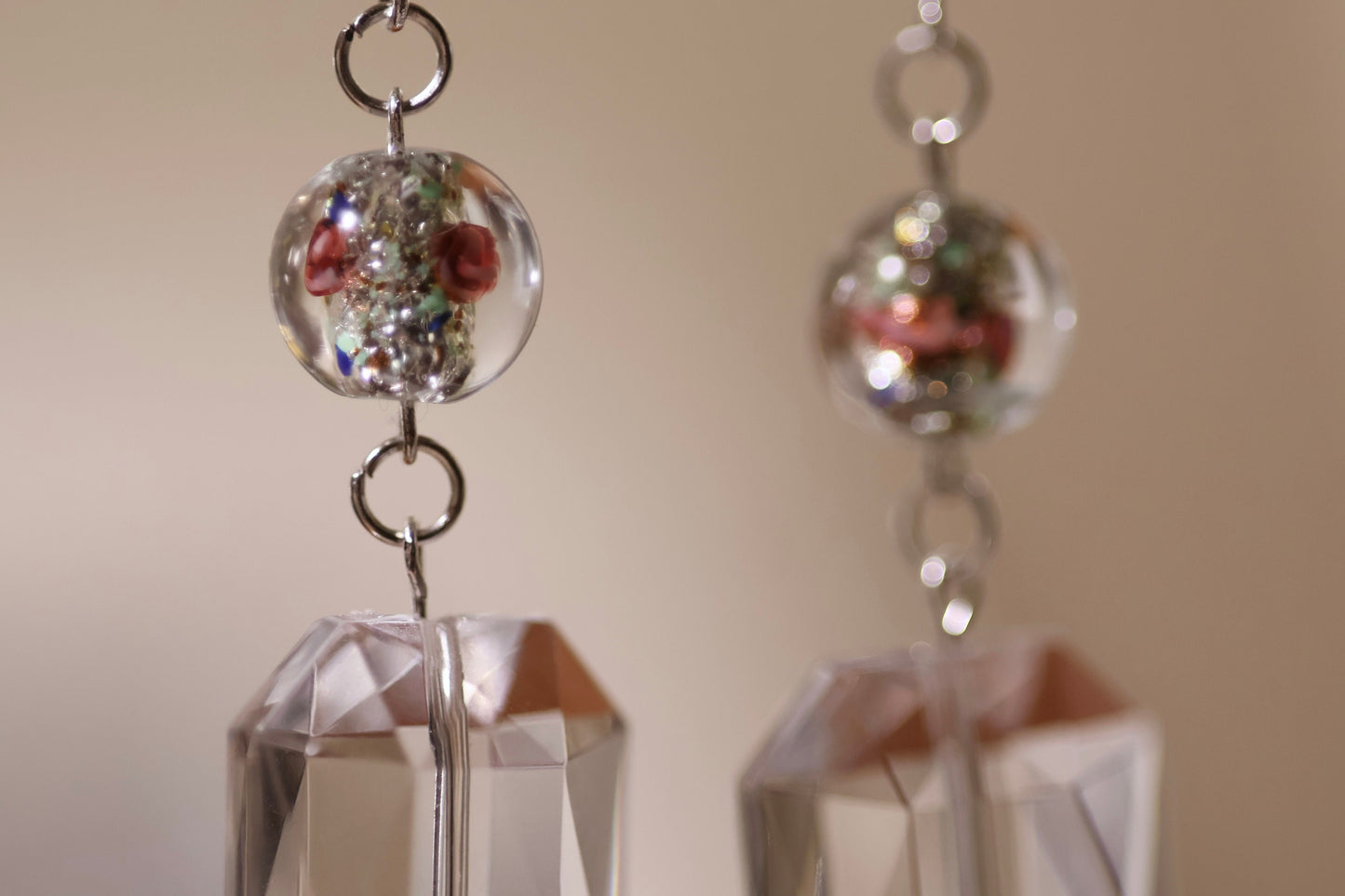 Clear bevel cut acrylic 2" rectangular shaped dangle earrings with Czech foiled lampwork glass floating rose beads