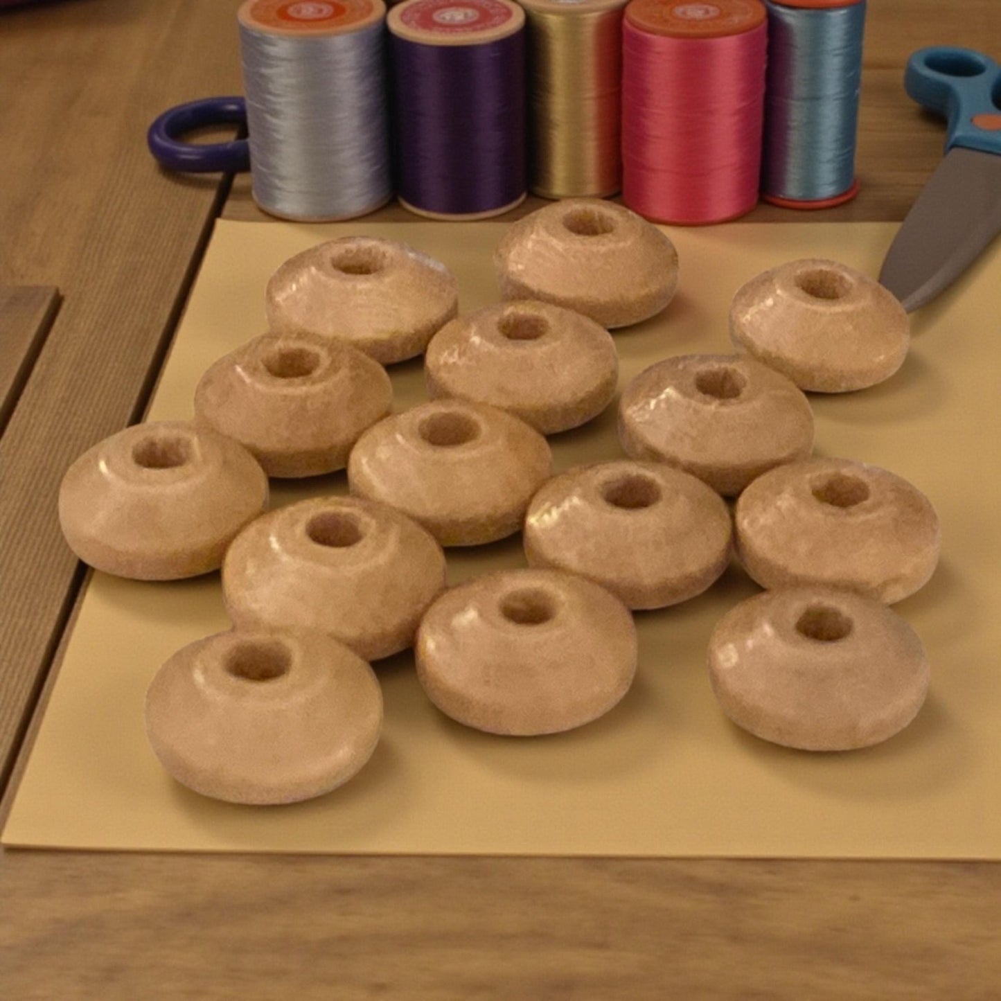 Vintage Tan Round Donut Beads – Smooth Spacer Beads for Jewelry Making, Craft Supply, Set of 14 - 10 mm x 5 mm