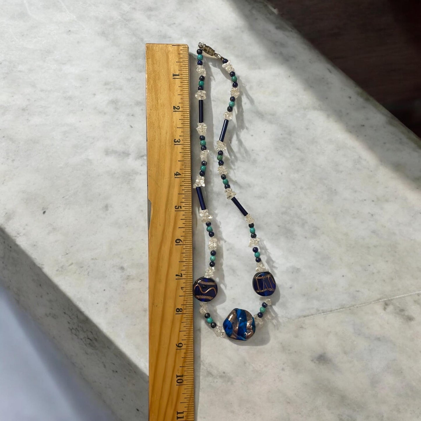 Cobalt blue art glass beaded necklace with semi precious stone chips, black tubes and turquoise/black beads