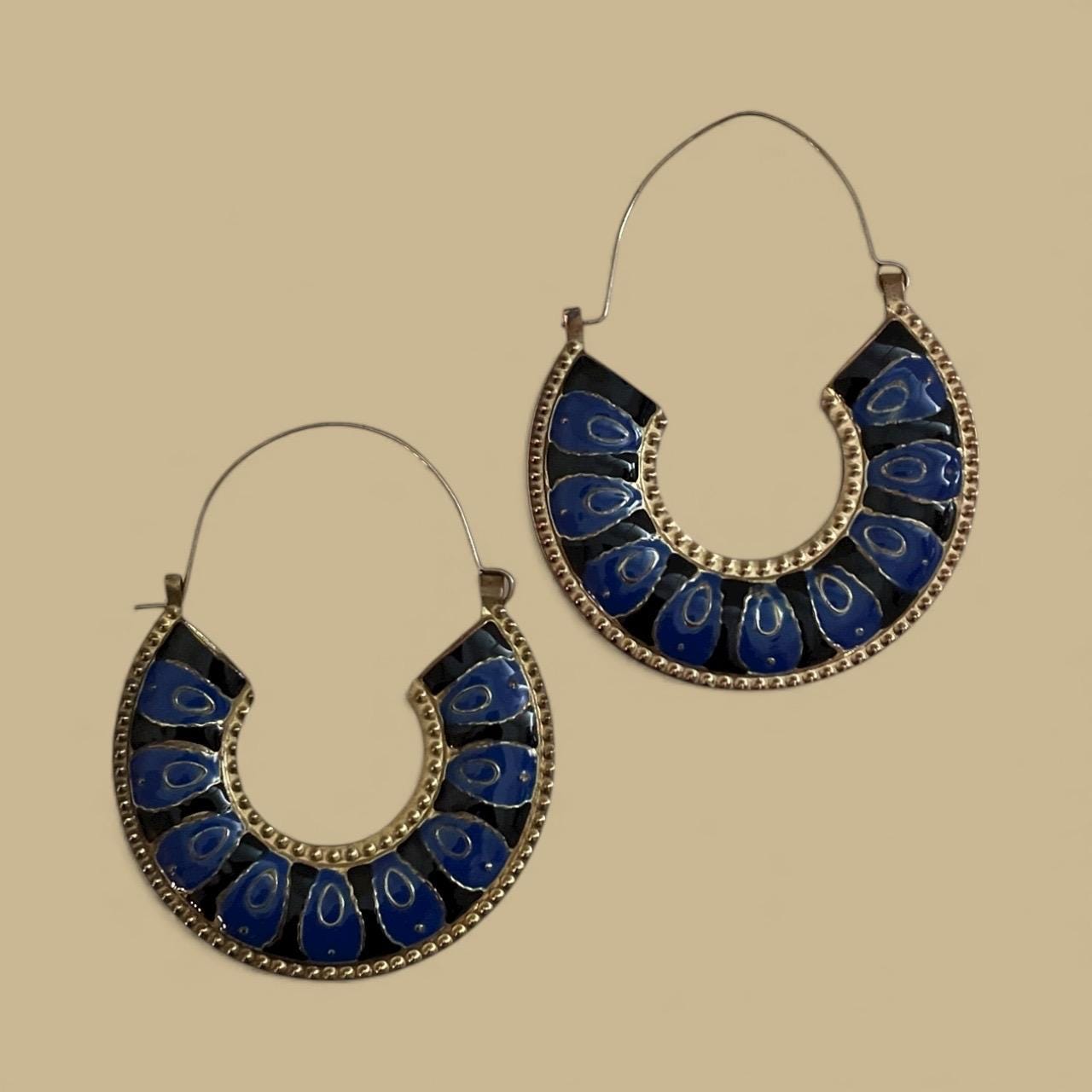 Vintage Brass & Blue Enamel Hoop Earrings – Boho Tribal Style Statement Earrings, Retro Artisan Jewelry