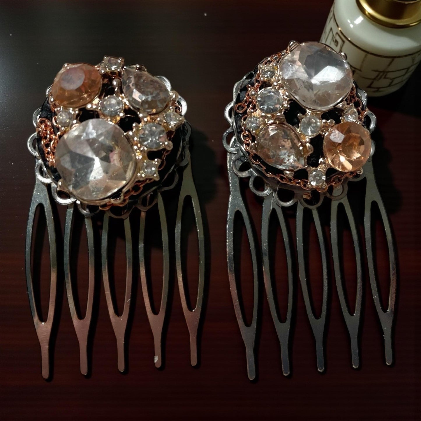 Handmade Jeweled Hair Combs – Vintage-Inspired Champagne and clear rhinestone Hair Accessories, Bridal or Evening Hairpiece (Set of 2)