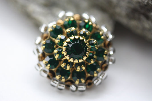 Handmade beadwork and mixed material emerald green and rhinestone tiny necklace pendant