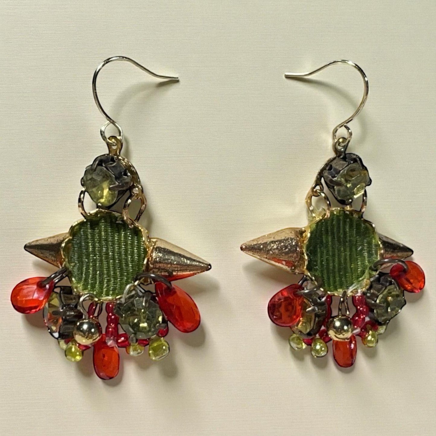Handmade Mixed-Material Christmas Earrings – Green and Red - includes Fabric, Metal, Faux Crystal and Glass - Holiday Dangles