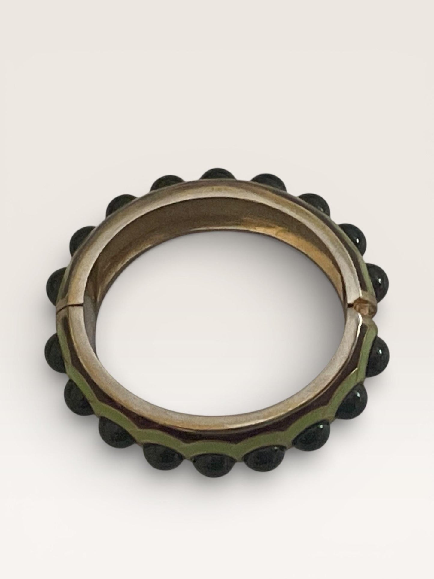 Vintage Green Enamel Clamper Bracelet with Black Cabochon Stones | Gold Tone Hinged Bangle | Retro Statement Jewelry