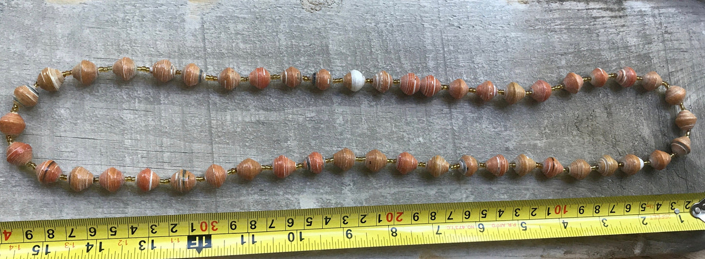 Unique orange vintage artisan necklace - beads look like porcelain but are actually made of rolled paper that's been painted & sealed