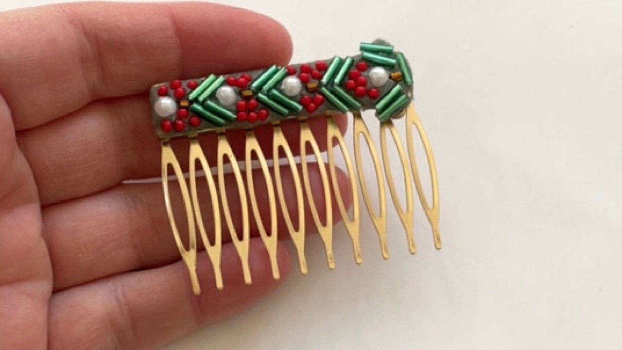 Mixed Material Mosaic Christmas themed metal hair comb -  micro mosaic / collage / Assemblage art / Millefiori