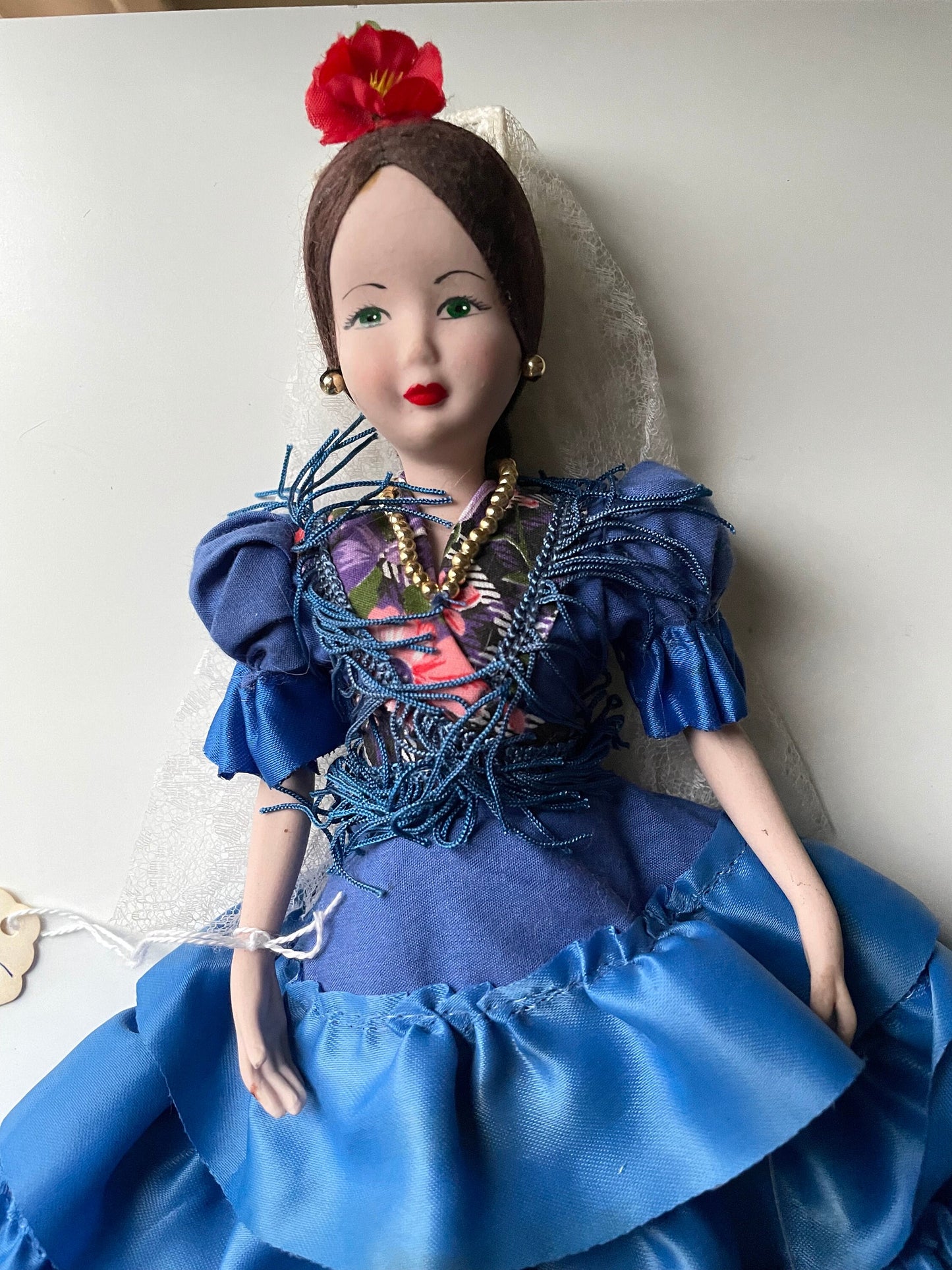 Stunning vintage Marin chiclana Spanish porcelain doll in beautiful royal blue dress with red hair flower and lace - from Valencia, Spain