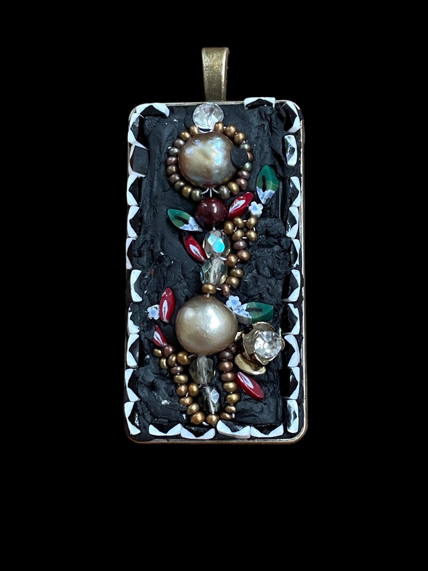 Handmade mixed material floral mosaic necklace - made with inlaid pearls, beadwork, hand cut millefiori glass and crystals.