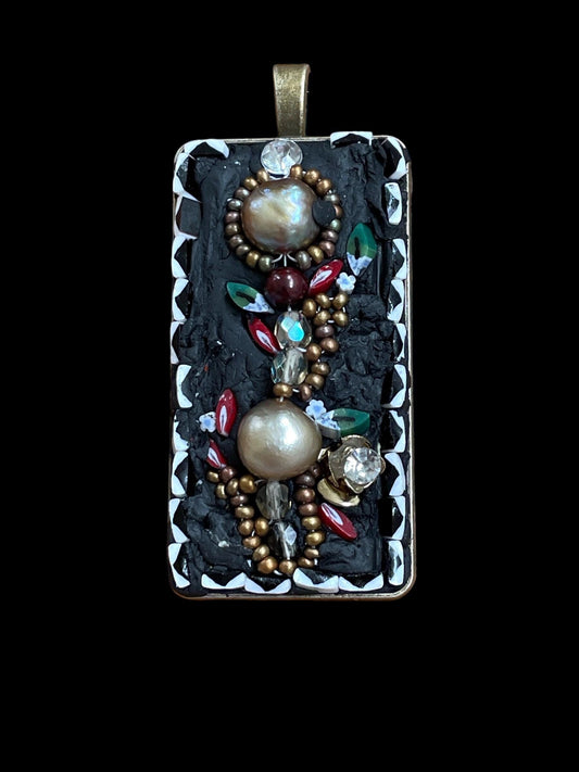 Handmade mixed material floral mosaic necklace - made with inlaid pearls, beadwork, hand cut millefiori glass and crystals.