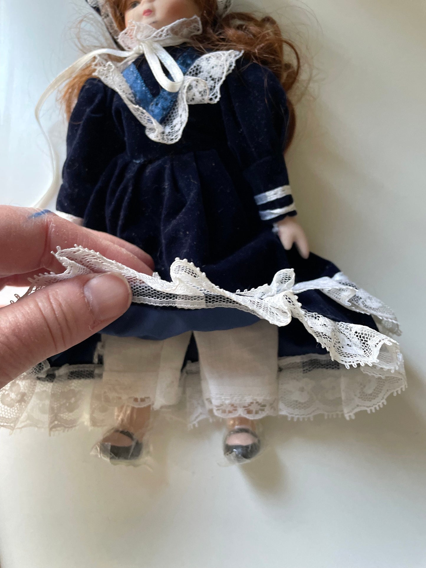 Vintage porcelain doll - red hair, royal blue velvet dress