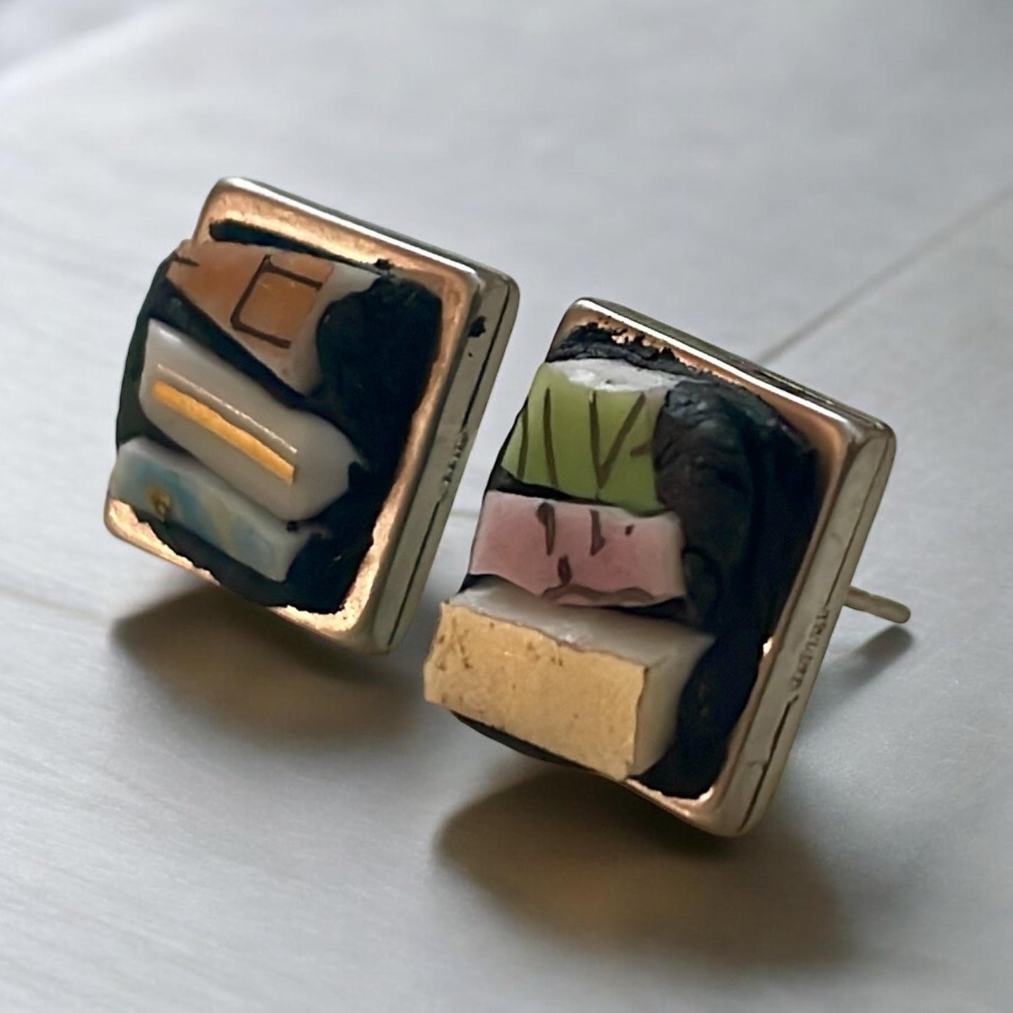 Handmade Mosaic Square Stud Earrings - Vintage Dish Abstract Design