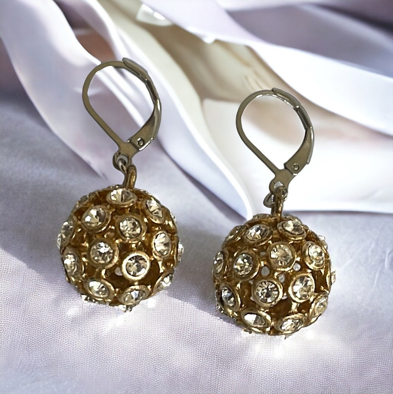Inlaid rhinestone studded gold ball earrings