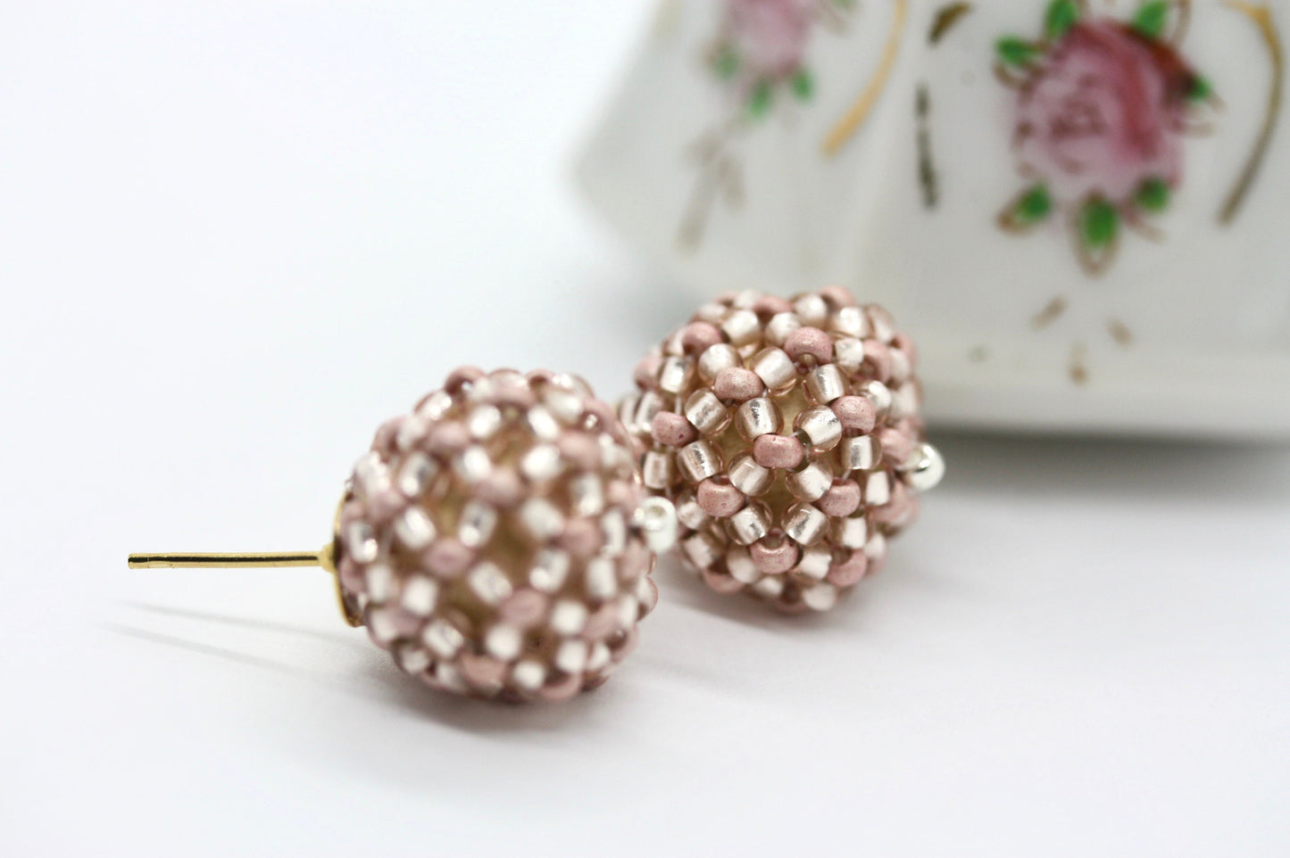 Handmade beaded bead stud earrings - approx. 3/4 of an inch - pink, wedding earrings, summer earrings