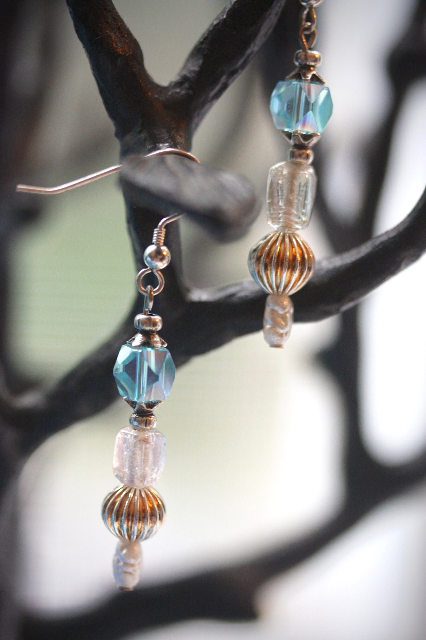 Blue crystal, pearl & uniquely shaped muted clear glass handmade dangle earrings