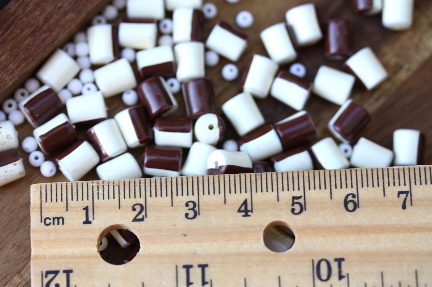 One dozen unique half brown, half creamy white vintage beads