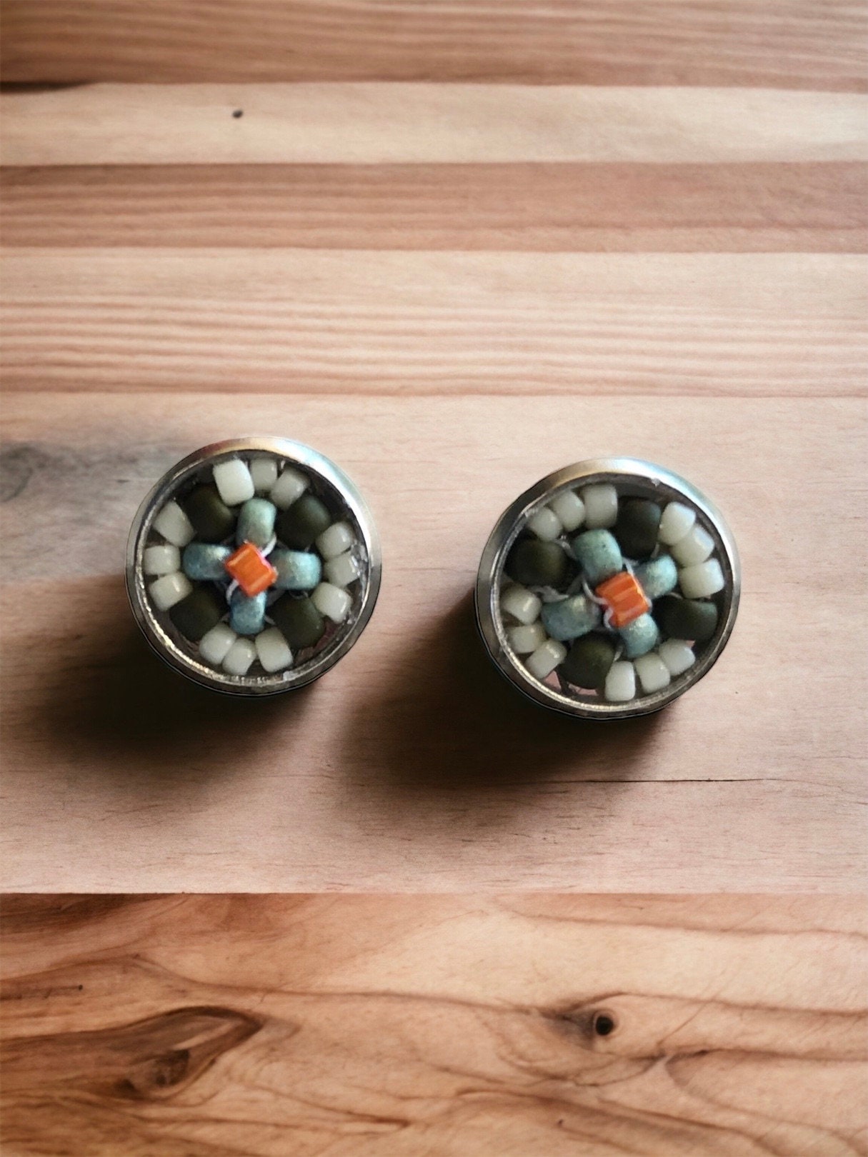 Stunning beadwork small stud earrings - light  turquoise, orange and olive green