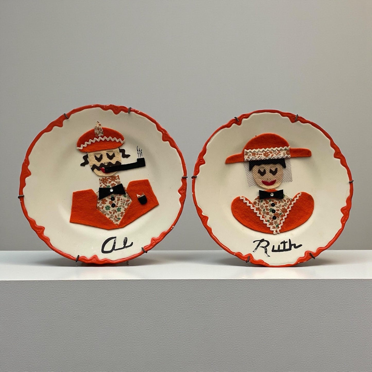 Vintage Felt Art Wall Plates, Retro Folk Art, Mid Century Wall Hanging Set - possibly the most charming portrait plates!  Meet RUTH & AL